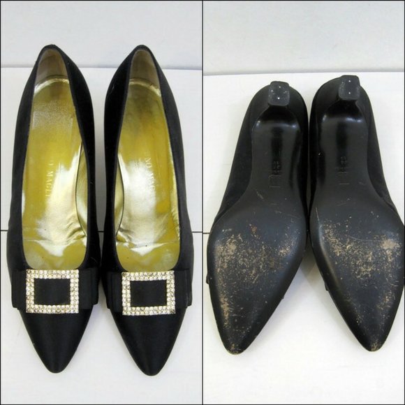 Bruno Magli Shoes Pumps Black Silk Evening Rhinestone Buckles Bows - Picture 5 of 5